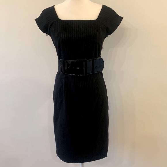 B DARLIN Black Pinstripe Wide Belt Dress Short Sleeve Side Zipper 9/10 9 10 - Picture 1 of 9